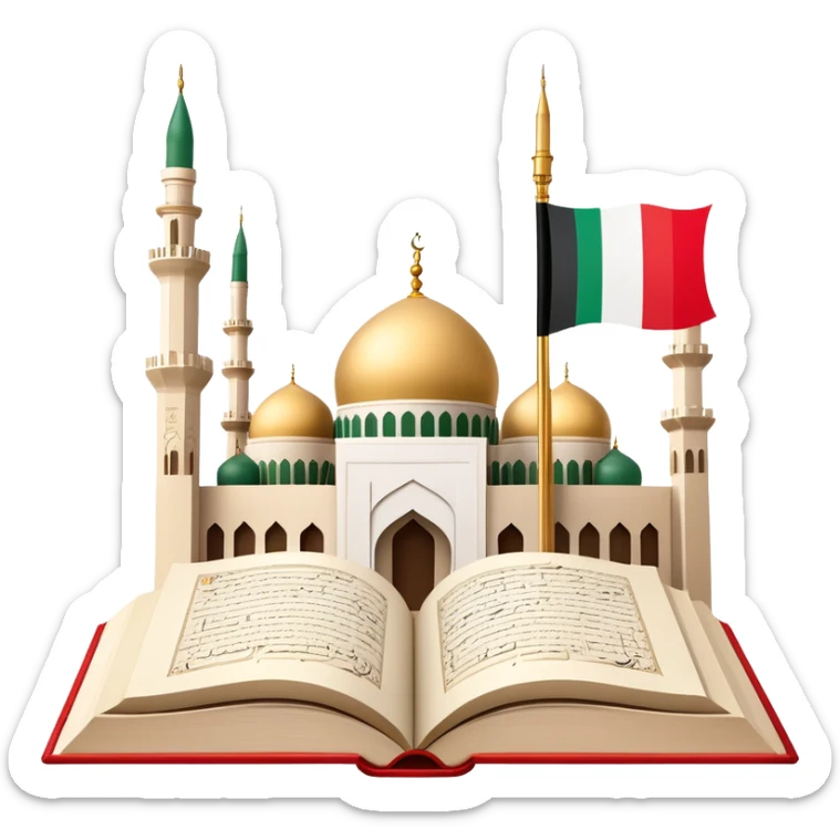 An icon featuring the mosque and the flag of United Arab Emirates, symbolizing the Arabic language. The design includes an open book with Arabic script and calligraphy, representing language learning and cultural heritage. Transparent background sticker