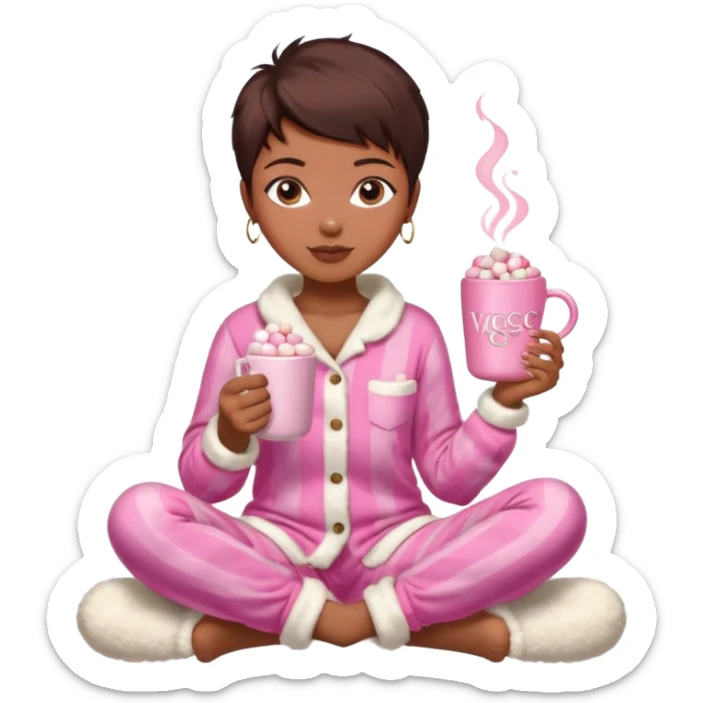 Pixiecut cut Hair Brown aesthetic Victoria's Secret pajama set, Ugg boots, holding hot chocolate with pink and white marshmallows, cozy and cute sticker