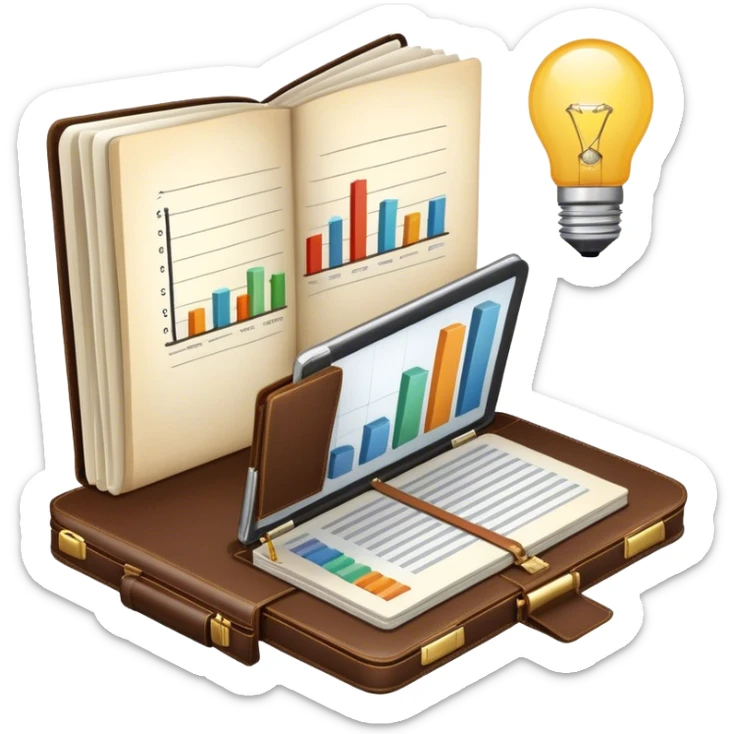 Icon for Business Reading: a prominent open book in the foreground with a briefcase, a laptop, and a notepad around it, with a bar graph and a lightbulb symbolizing ideas and growth. The icon should represent the knowledge and strategy of business literature. Transparent background. sticker