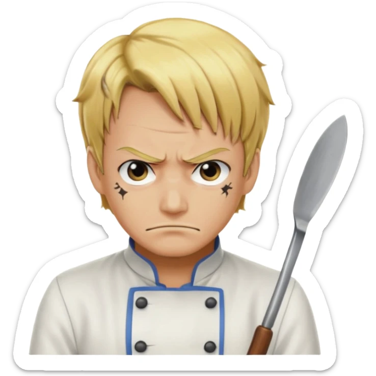 mad Sanji from One Piece, angry expression, iconic blond hair and eyebrow curl, chef outfit sticker