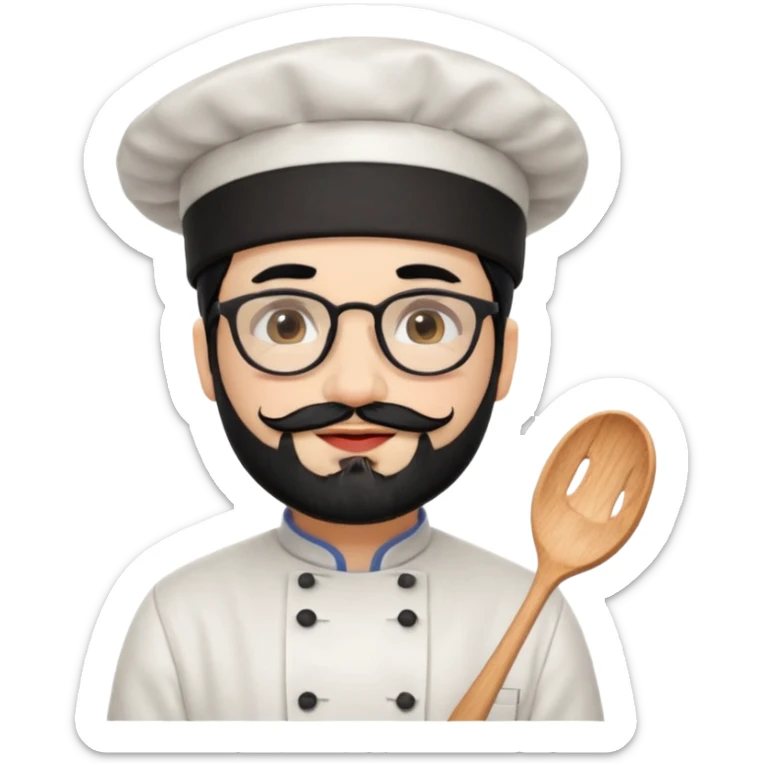CHEF CON PIEL BLANCA, GORRO DE CHEF, PELO NEGRO Y BARBA NEGRA, OJOS MARRON OSCURO Y GAFAS DE PASTA NEGRAS. SONRIE Y TIENE MARCAS DE BESOS CON FORMA DE LABIOS EN LAS MEJILLAS (COMO MANCHAS DE PINTALABIOS) sticker