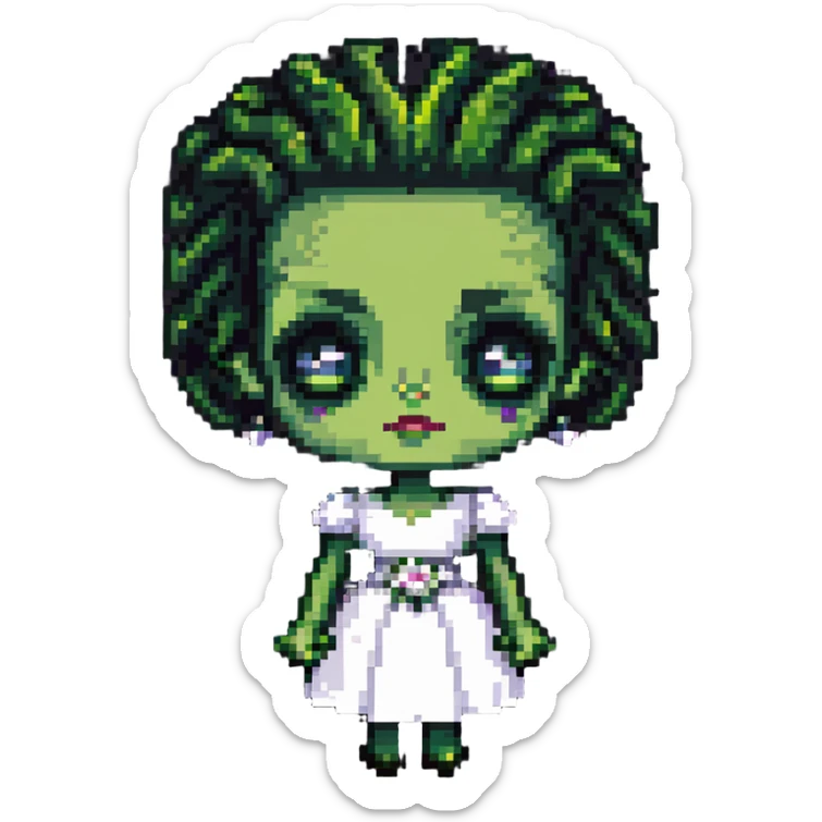 cute pixel Bride of Frankenstein with big eyes and signature hair sticker