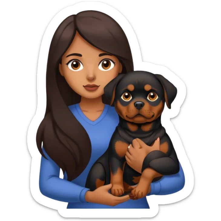 Latina with long dark brown hair holding her pet Rottweiler sticker