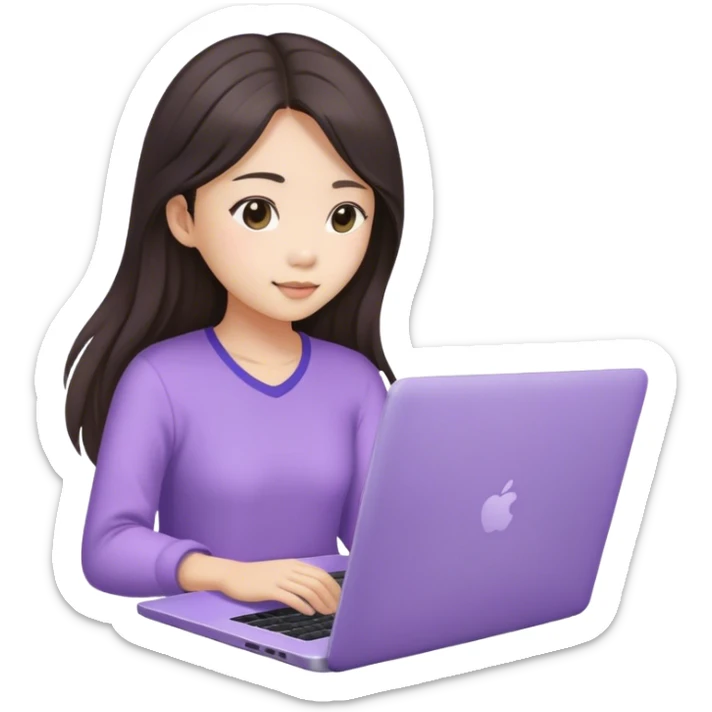 Long hair brunette Asian girl working on lavender laptop sticker