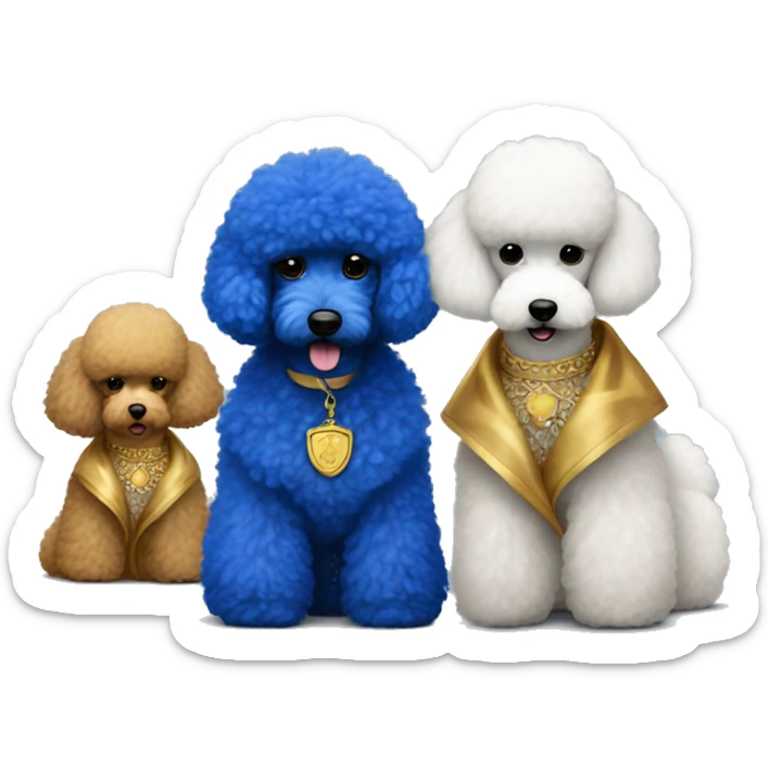 Royal blue and gold fur jackets on Black poodle and white poodle best friends sticker