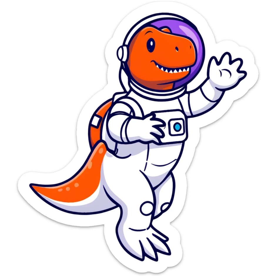 cartoon sticker of a t-rex astronaut waving, stars in background sticker