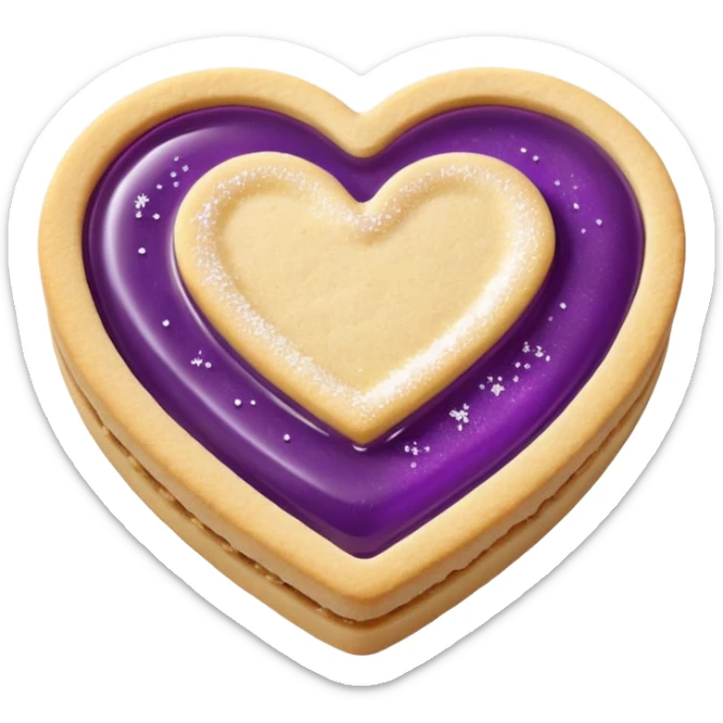 Realistic shortbread cookie in the shape of a heart with violet jelly middle filling and sprinkled powder sugar on top. sticker