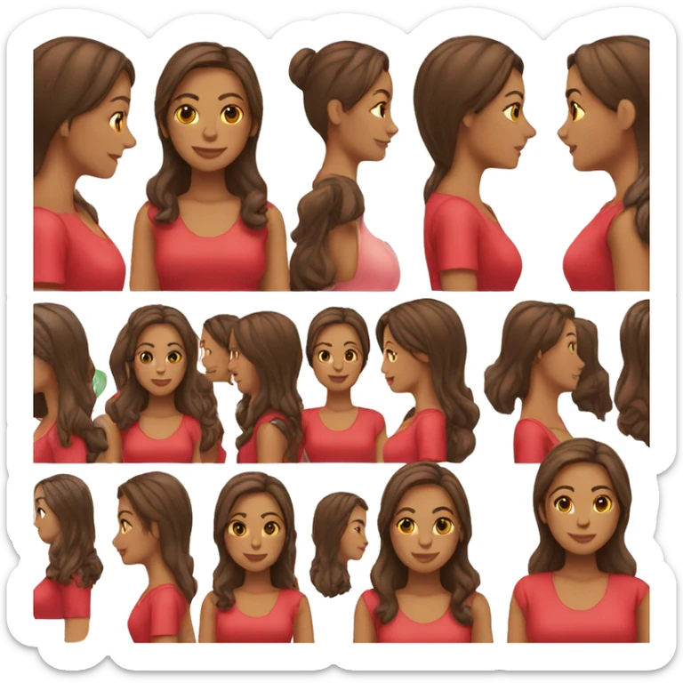 woman emoji light to medium skin, straight dark brown hair with middle part red shirt  sticker