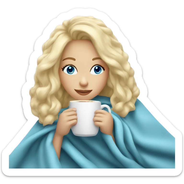 Blonde hair blue eye girl sipping coffee under blanket  sticker