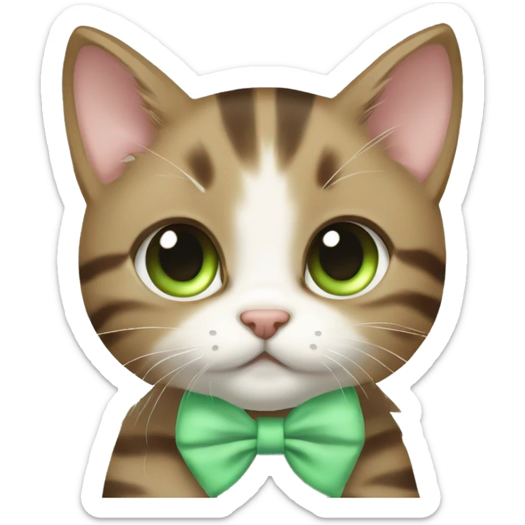 kawaii brown tabby kitten with green eyes and pastel green bow sticker