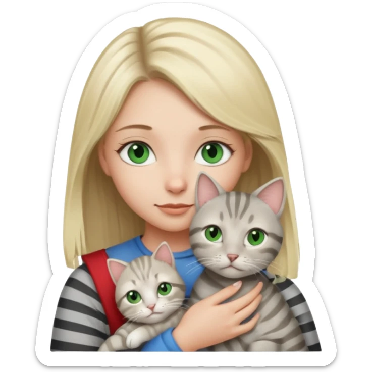 Blonde girl with blue eyes cuddling with light grey tabby cat with dark grey stripes and green eyes sticker
