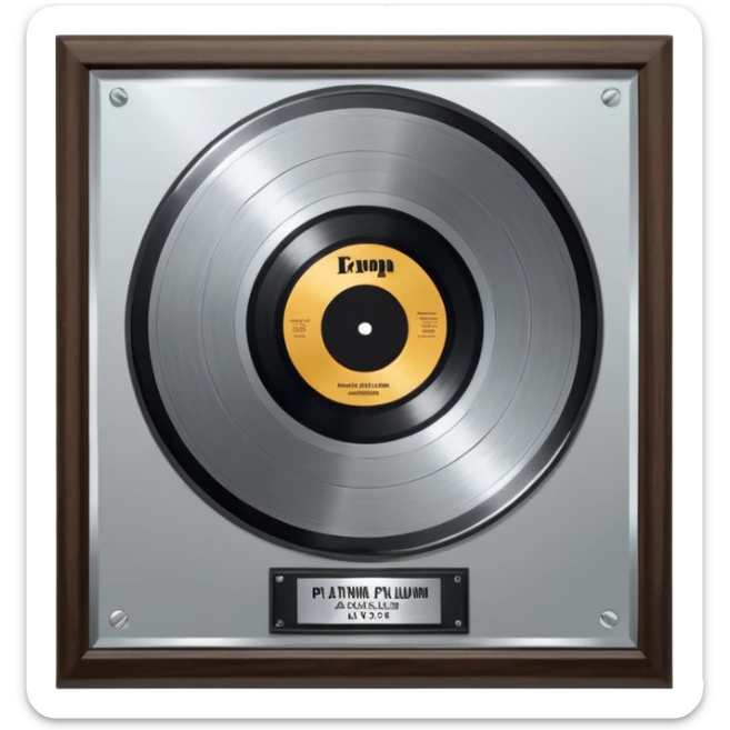 A platinum music award plaque: a square, polished platinum plate with a subtly textured, mirror-like finish, mounted on a simple dark wood base. The center features a relief of a or stylized vinyl record in a slightly darker metallic tone.  sticker