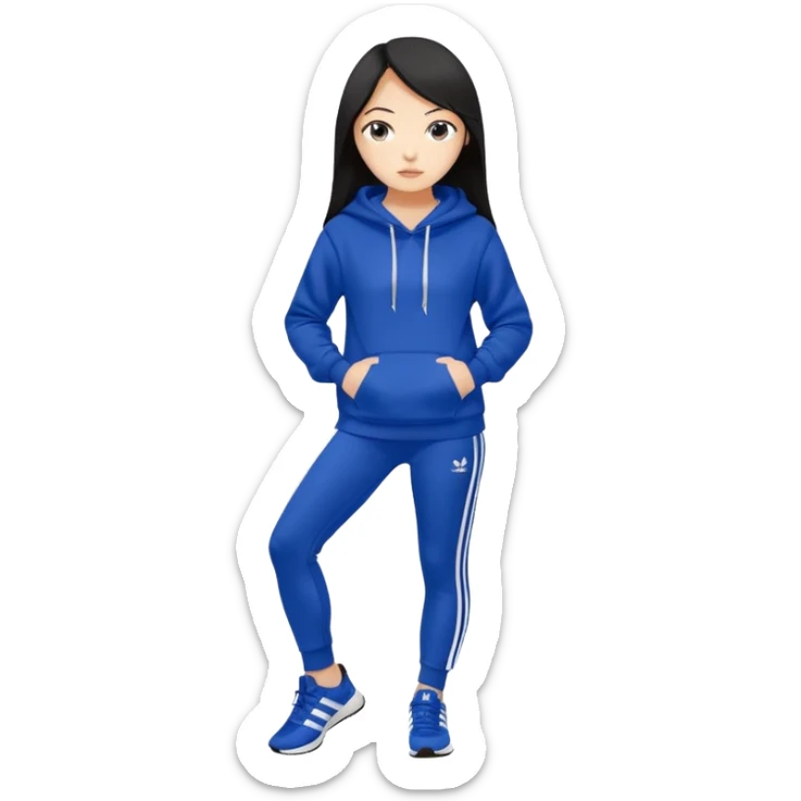 A pretty white/asian tanned girl with medium long strait dark brown almost black hair wearing a royal blue hoodie and leggings with adidas sambad sticker