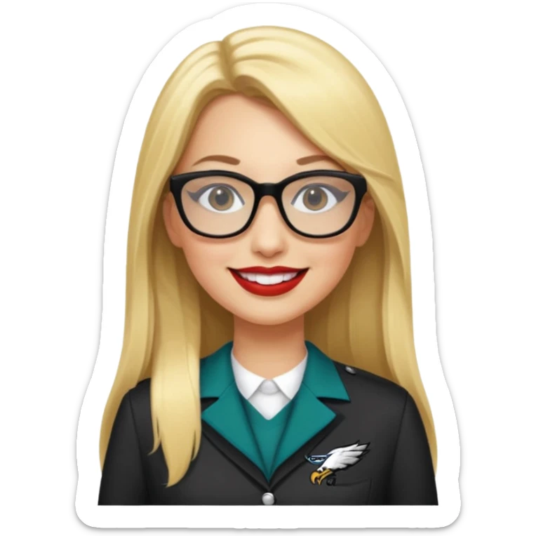 long blonde straight hair, black rectangle glasses, smiling, lipstick, full length eagles uniform, 33 sticker