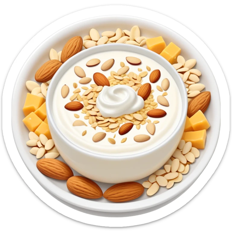 A glowing white leg bone in the center, surrounded by floating calcium-rich foods: yogurt, shredded cheese, almonds, and sesame seeds. All items are floating and slightly shining, arranged in a circle around the bone. sticker