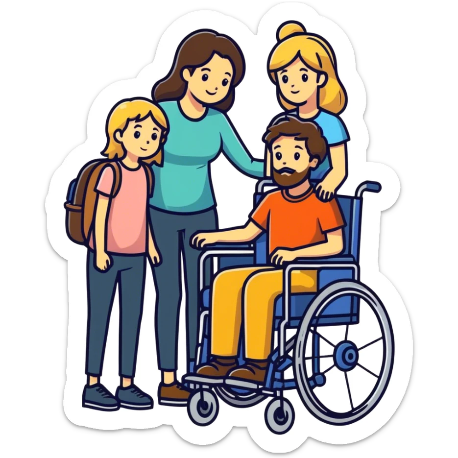 Brown haired bearded son in a wheelchair with blonde women sticker