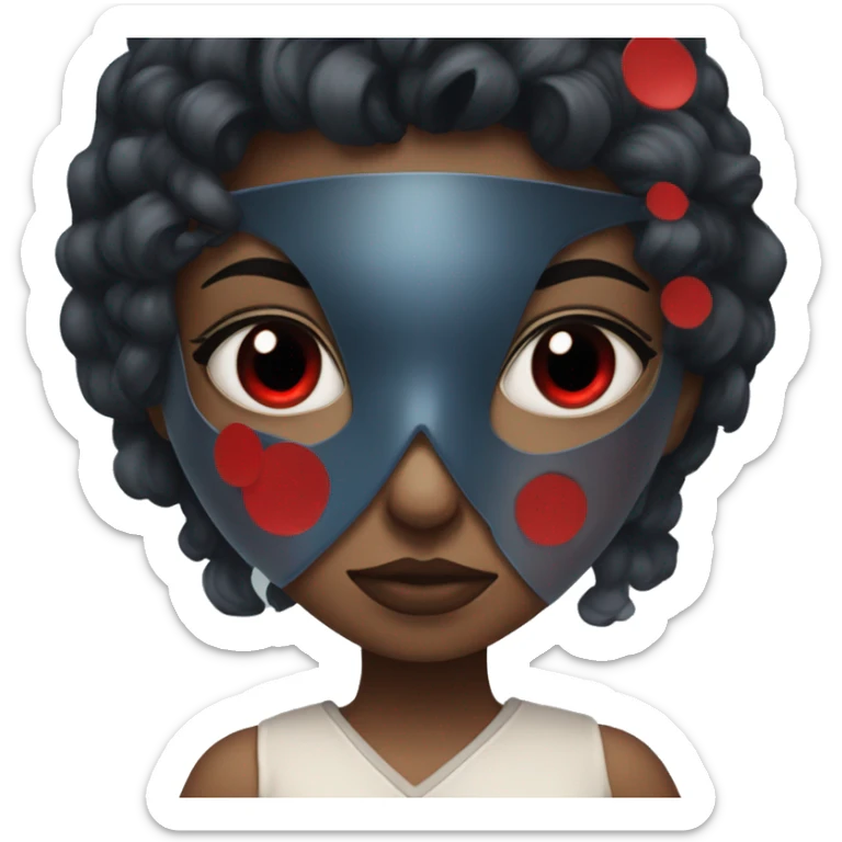 girl with dark black blueish hait having a red eye hero mask with a few big black dots on the mask sticker