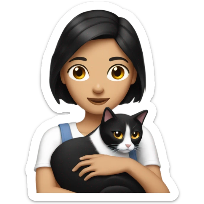  Tanned woman with black hair hugging a black and white cat  sticker