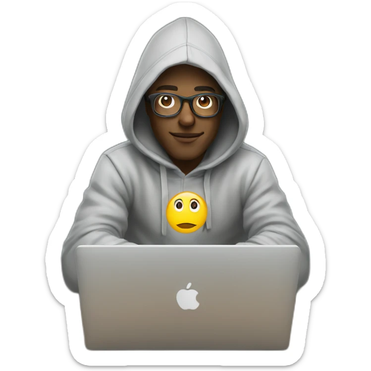 Man wearing glasses and hoodie sit Infront of laptop sticker