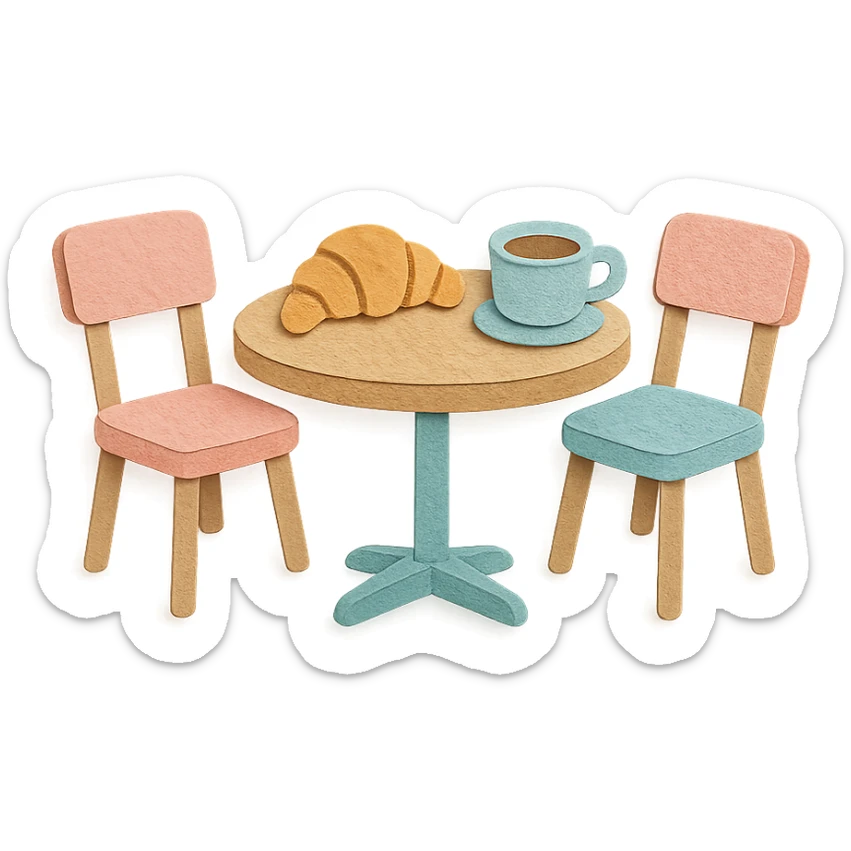 kawaii coffee shop table and chairs set with croissant and coffee, soft pastel hand-drawn illustration sticker