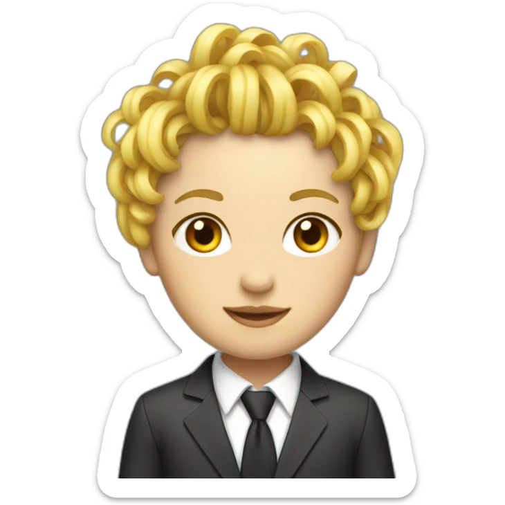 a girl with blond noodles hair and a suit sticker