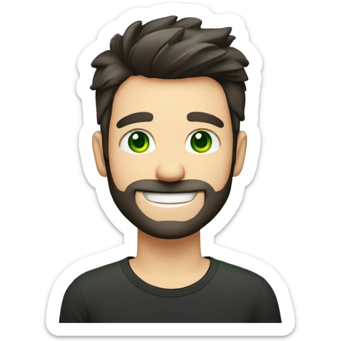 Handsome man with dark hair, gradient short hair on the side, green eyes. Big smile and thin face. Black t-shirt. A little beard. The man have to got an letter card next to his face sticker