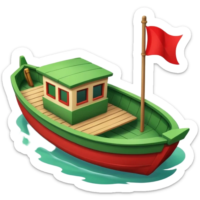 green boat in cartoon having a small place to live and a small red flag on it sticker