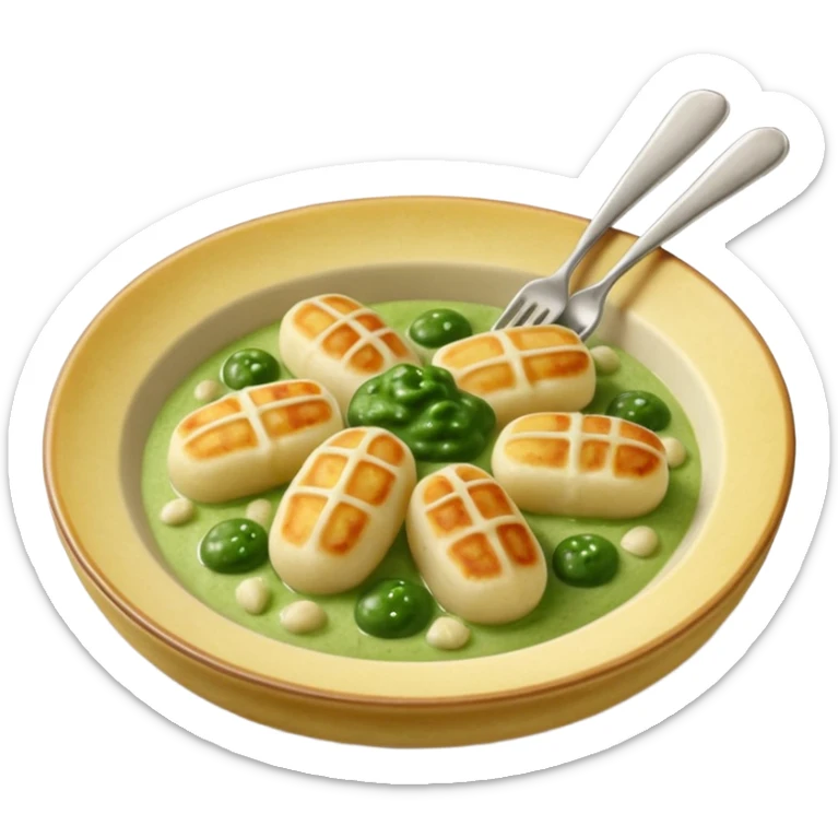 Gnocchi Cinematic Realistic Gnocchi Dish Emoji, depicted as tender oblong potato gnocchi garnished with iconic fork marks on top, rendered with soft textures and warm, inviting lighting. add green  sauce on top sticker
