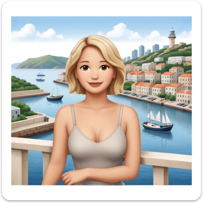jennifer lawrence, leaning on a balcony with a harbor and cityscape in the background, smiling, closeup portrait  sticker