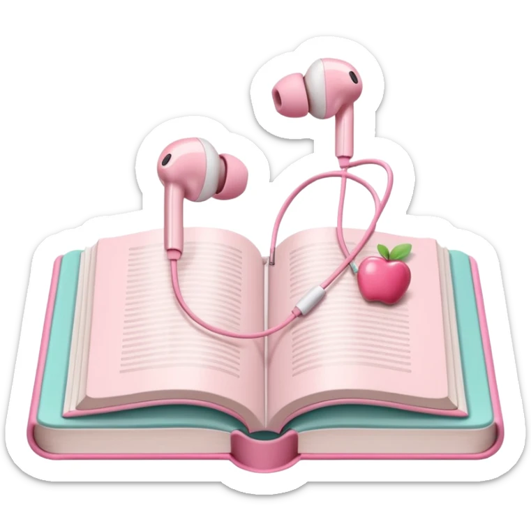 pink Pink Apple-style earbuds lying on an open book, soft pastel tones, cozy and minimal aesthetic, realistic lighting and shadows, top-down view, transparent background" sticker