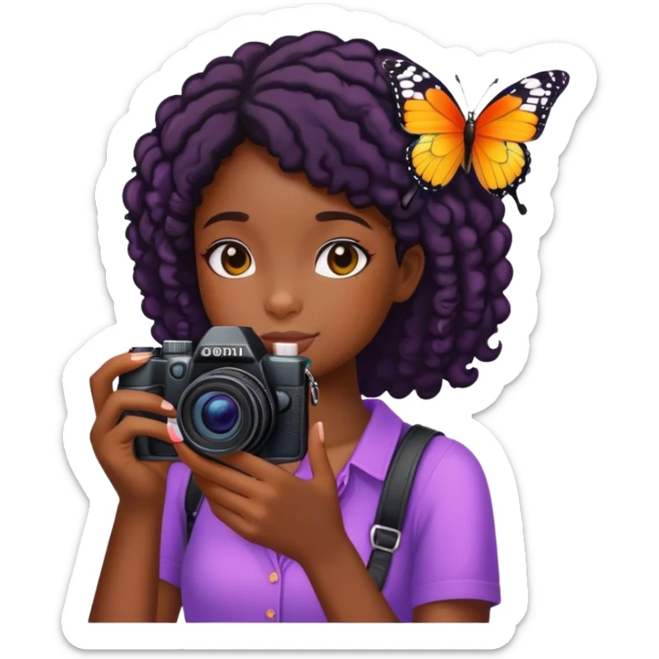 A BLACK girl with a camera taking a photoemoji WITH BUTTERFLY FLYING sticker