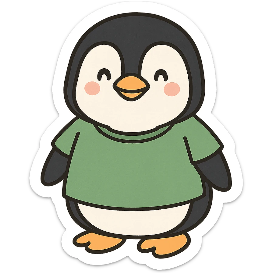 smiling penguin wearing a green t-shirt, simple and cute sticker