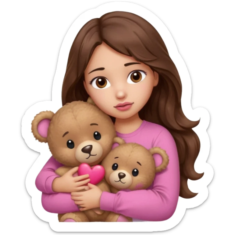 girl with long wavy brown hair, brown eyes, light to medium complexion, in a pink shirt, pink lips, long lashes, sad, hugging squeezing  a teddy bear with hearts sticker