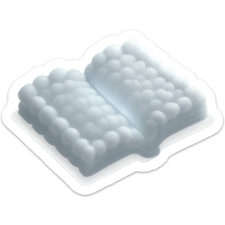 top view of a thick open book made entirely of small, very bright white fluffy convex clouds, matte glass style sticker
