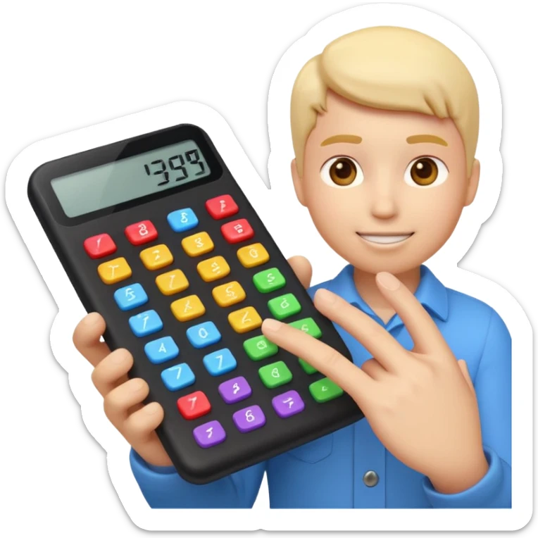 3D iPhone style emoji of a person using a calculator, finger pressing colorful buttons, digital display showing numbers, isolated on white background, soft shadows, high detail, playful and cute. sticker