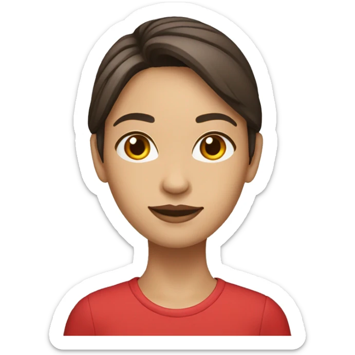 woman with light to medium skin, straight dark brown hair with middle part red shirt  sticker