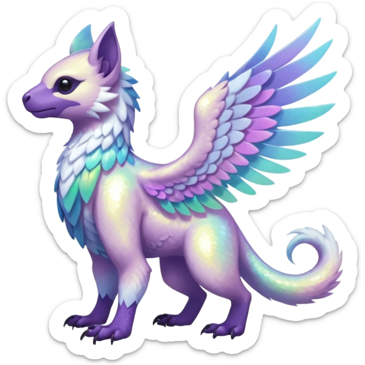 Colorful iridescent whitish pastelish luminescent angelic divine shiny sparkly glittery Gryphon-Trico-Sergal-Furret-Ferret-Wolverine-Vernid-fusion-Fakemon-animal-hybrid-creature, full body sticker