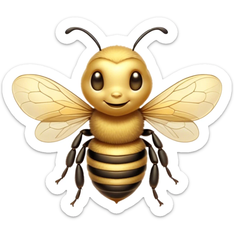 Beautiful and Majestic Bee Portrait Emoji, Head and body rendered in serene repose with a gentle, content smile, showcasing a tiny, fuzzy form with softly closed delicate wings and eyes in tranquil slumber, Simplified yet exquisitely endearing features, highly detailed, glowing with a soft, drowsy golden light, high shine, relaxed and utterly noble, stylized with an air of regal natural beauty, soft glowing outline, capturing the essence of a majestic bee that embodies the timeless charm of nature! sticker