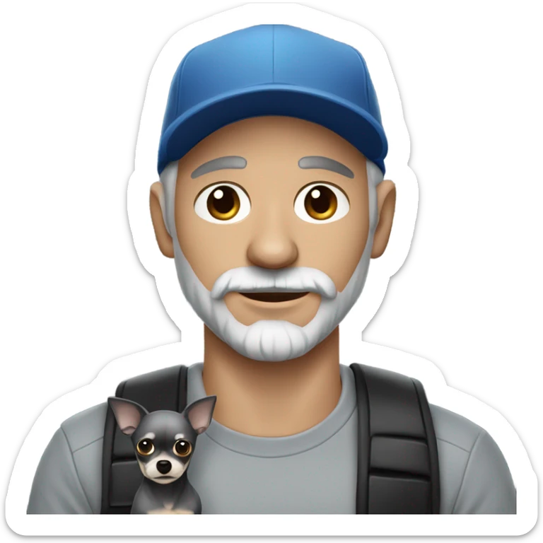 blue eyed man, with grey hair,  grey goatee, wearing ball cap, holding ‘a black long hair chihuahua’ sticker