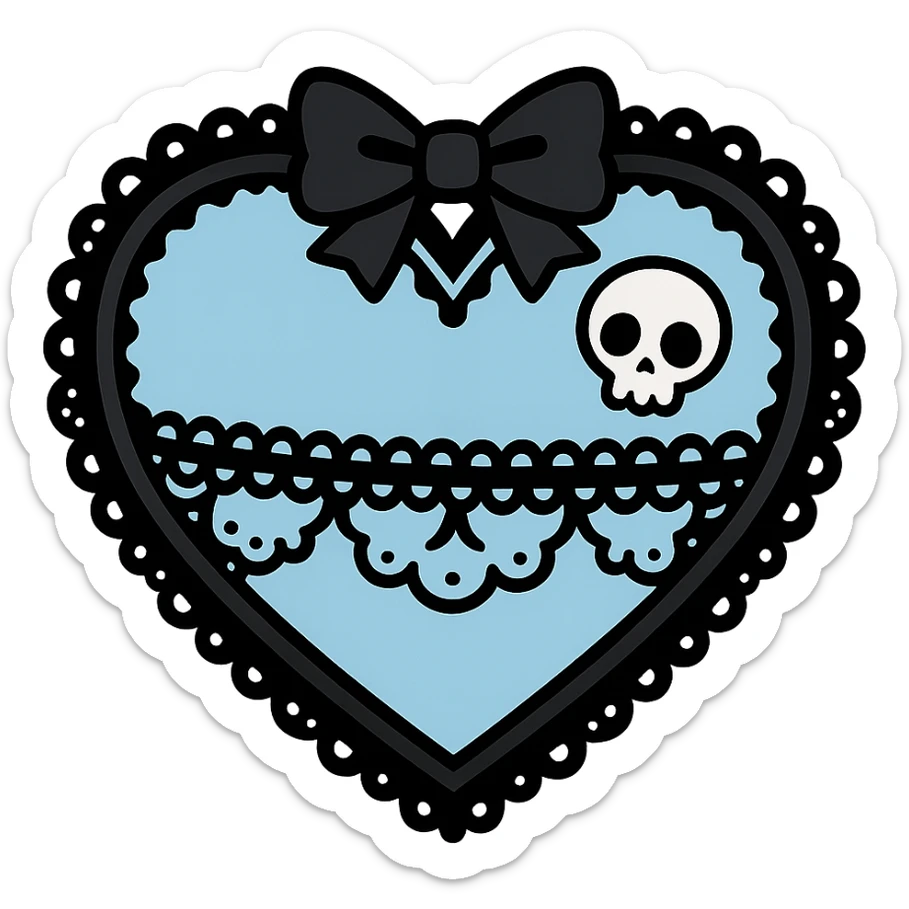 pastel goth heart with lace and a tiny skull, baby blue and black, kawaii gothic style sticker