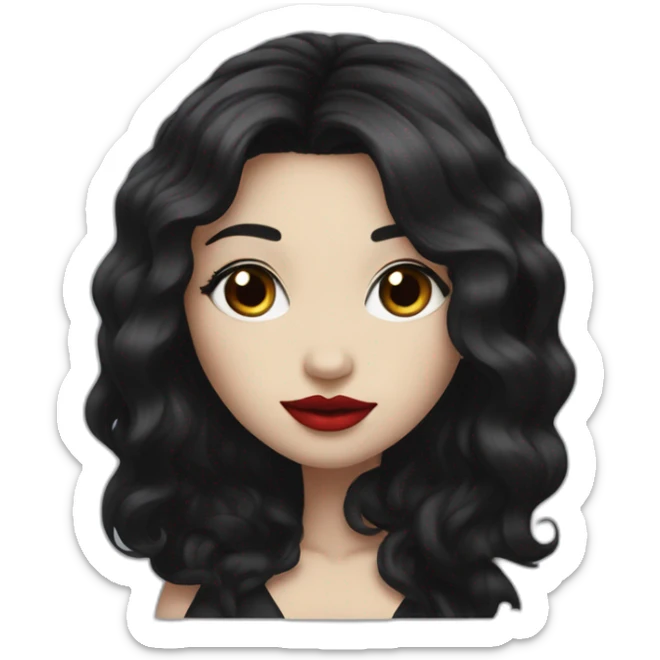 long black hair, red lipstick, black eyes, white skin and a small nose sticker