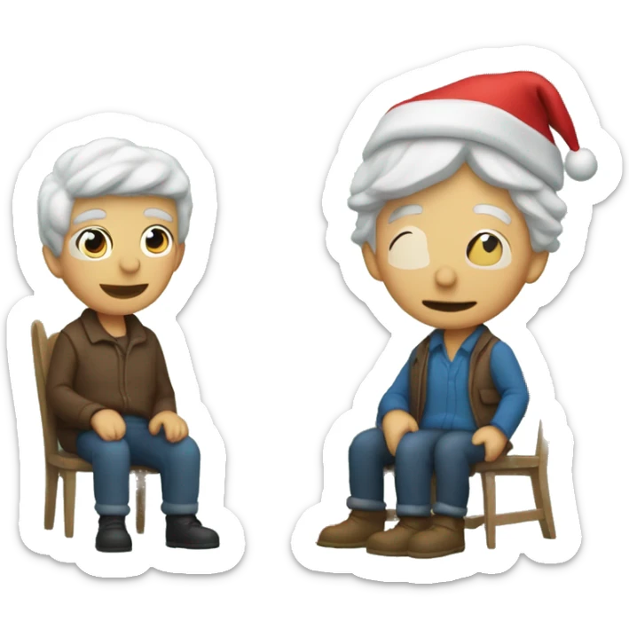 Two men with bears and caps sitting next to a Christmas tree. An old woman with a walker next to them sticker