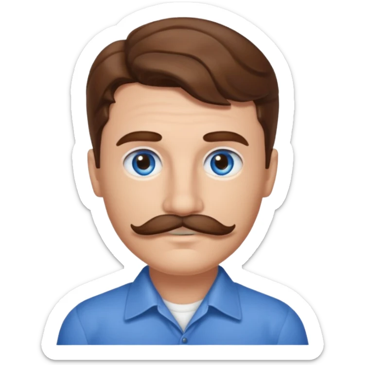 Benson Boone (b.2002) with blue eyes, brown wavy hair and mustache sticker