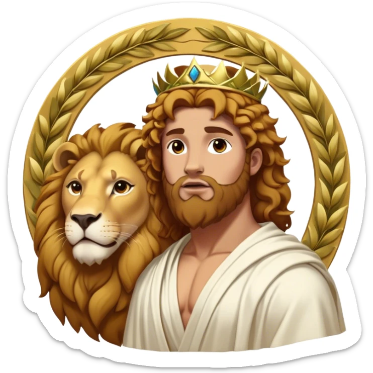 Cinematic Realistic Hercules Portrait, captured in a dramatic lion-wrestling pose that epitomizes raw, heroic strength. His light tan, athletic skin and thick, curly, golden brown hair are showcased as he grapples with a majestic lion, his refined face reminiscent of Michelangelo's David marked by noble determination. Draped in a flowing white robe with understated golden accents and crowned with a classic Greek laurel wreath, dynamic natural lighting accentuates every muscular contour and fierce, commanding expression, embodying the essence of ancient valor. sticker