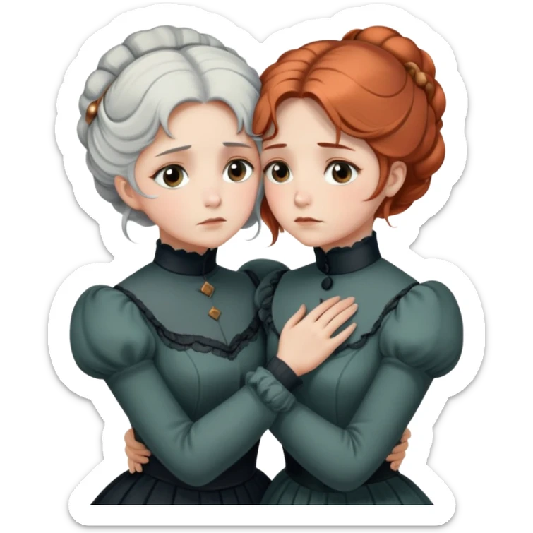 Two Victorian women in a sad intimate hug, one with white coiffed hair and one with copper coiffed hair, both with grey eyes, wearing Victorian turtleneck dresses sticker