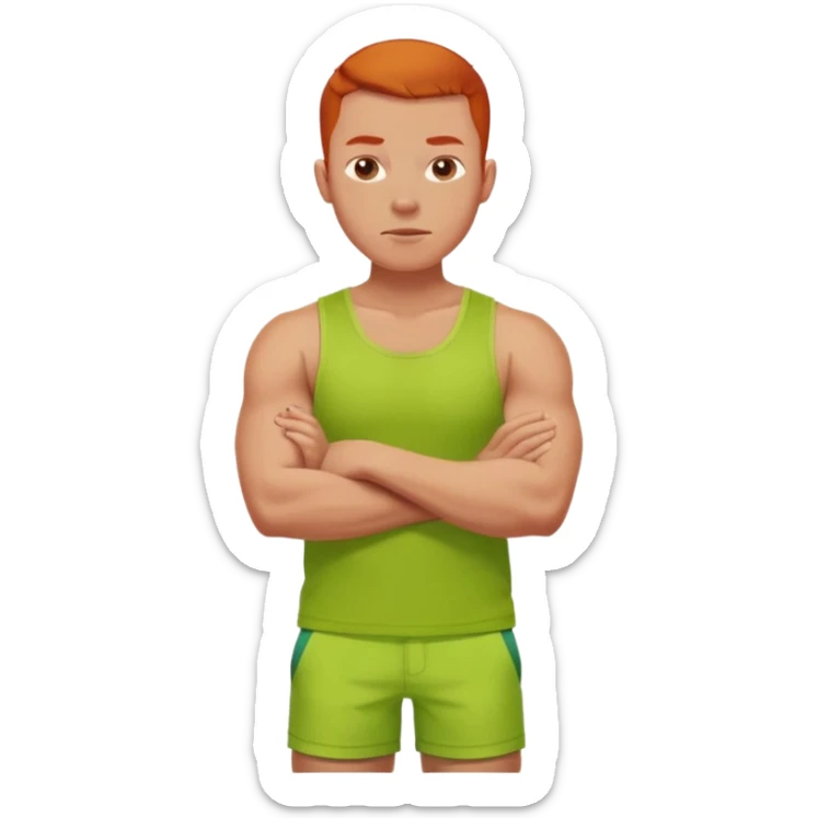 full silhouette of a redhead man with a buzzcut, wearing a lime tanktop and shorts, arms crossed sticker