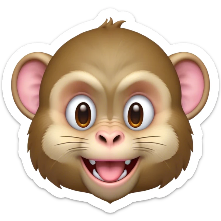 Cinematic Adorably Mischievous Macaque Portrait Emoji, Head tilted in a playful wink with an exaggerated, cheeky grin and a slightly raised eyebrow, featuring a compact, nimble build with fluffy fur and round, twinkling eyes brimming with mischief, Simplified yet irresistibly endearing features, highly detailed, glowing with a bright, joyful radiance, high shine, lively and quirky, stylized with an air of whimsical primate fun, soft glowing outline, capturing the essence of a mischievous macaque that seems ready to pull a playful face and scamper into your heart! sticker