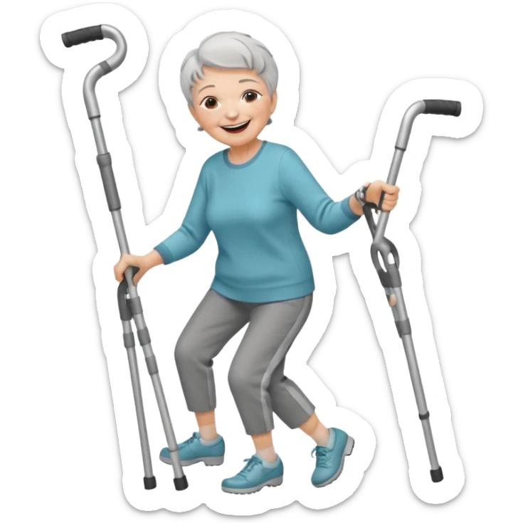 elderly woman with pants, short grey hair, laughing and dancing th crutches sticker