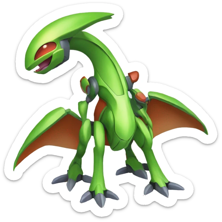 a shiny green Genesect-Flygon-Raptor-Fakémon—hybrid with a futuristic visor-helmet full body sticker
