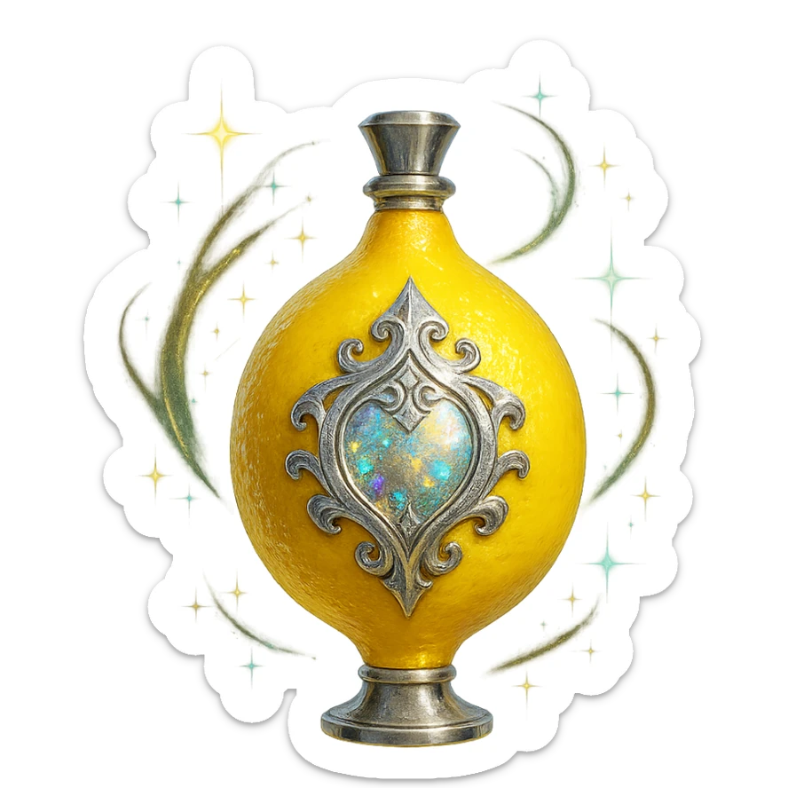 prabangus eliksyro buteliukas, citrinos forma, ryški geltona spalva, sidabrinės ir holografinės detalės, daug magiškų efektų, labai mažas kaklelis, vientisas dugnas, buteliukas plūduriuoja ore, be pagrindo ar šešėlio, modernus, kolekcijai tinkamas, skaidrus fonas sticker